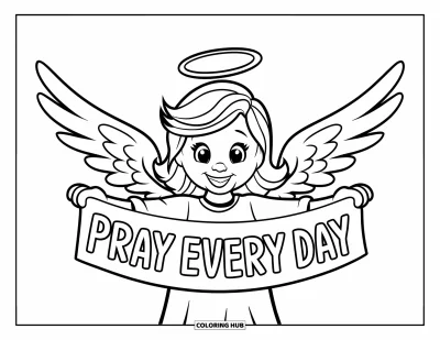 Kolorowanka z modlitwą dla dzieci: Uśmiechnięty aniołek ze skrzydłami trzyma tabliczkę "Pray Every Day"