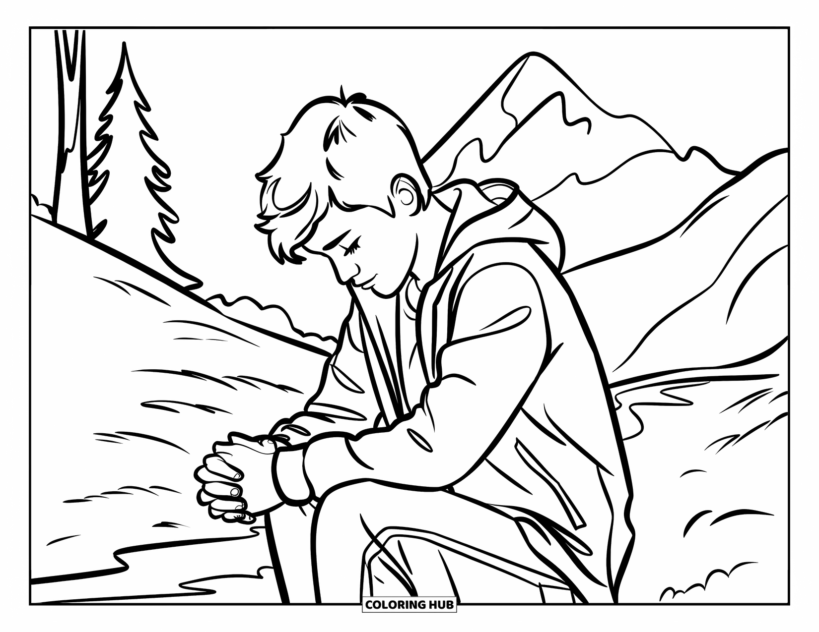 Prayer Coloring Page for Kids: A teen prays on a mountain path beneath distant mountains