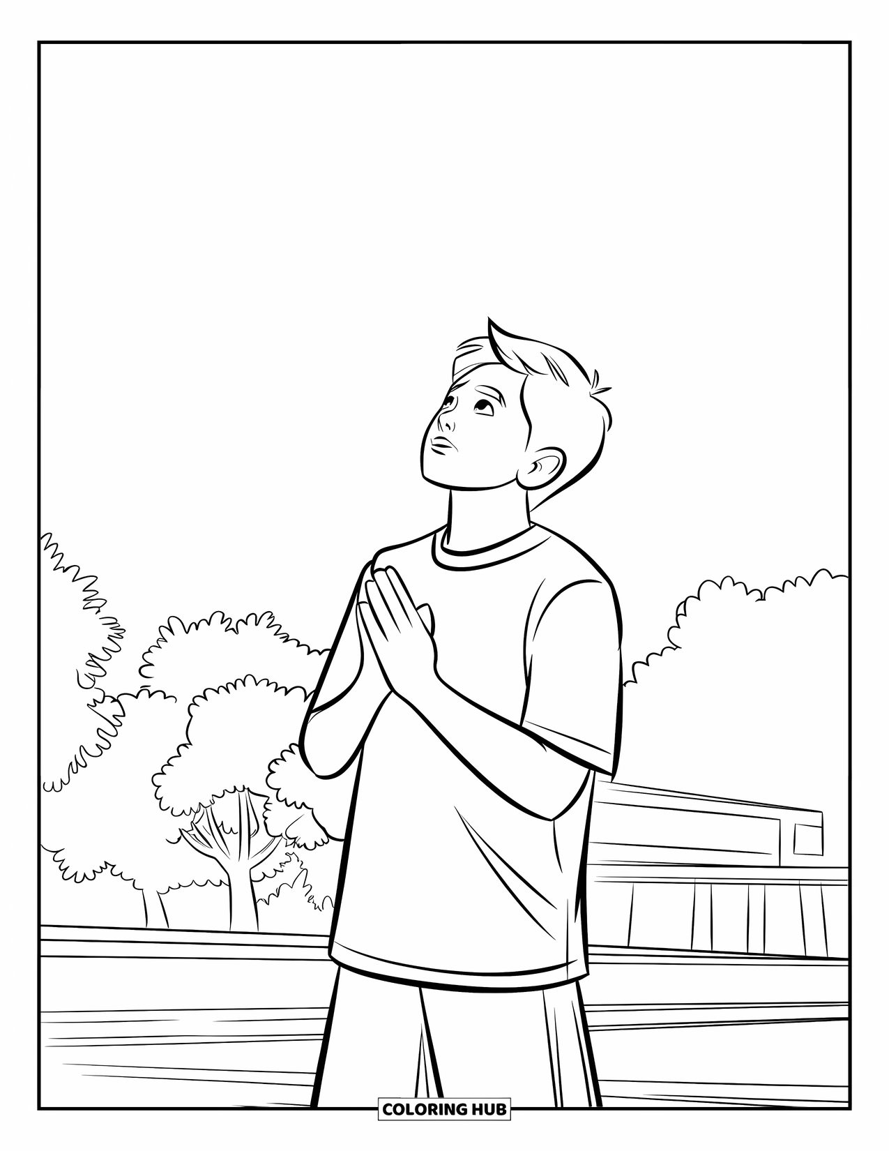 Prayer Coloring Page for Kids: A teen stands outdoors, praying while looking up at the sky