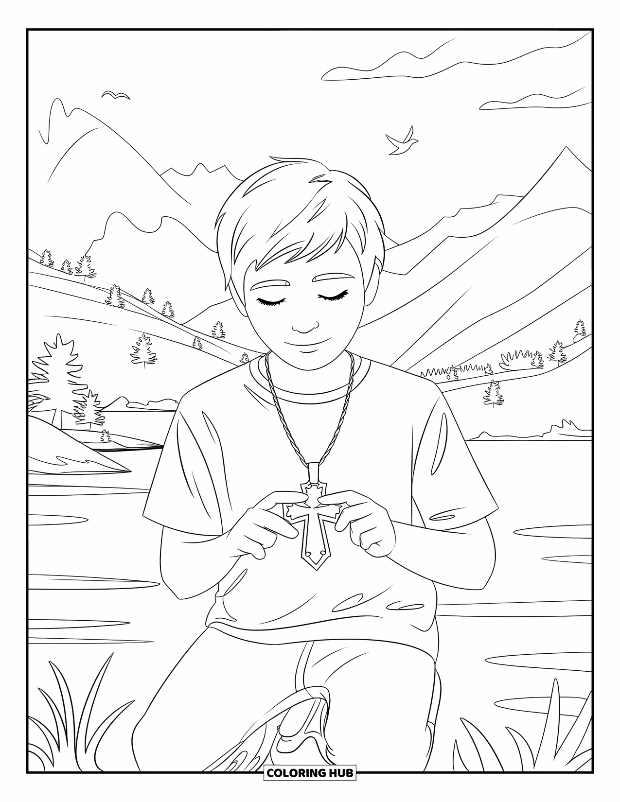 Prayer Coloring Page for Kids: A teenager kneels with a cross pendant in a peaceful outdoor scene
