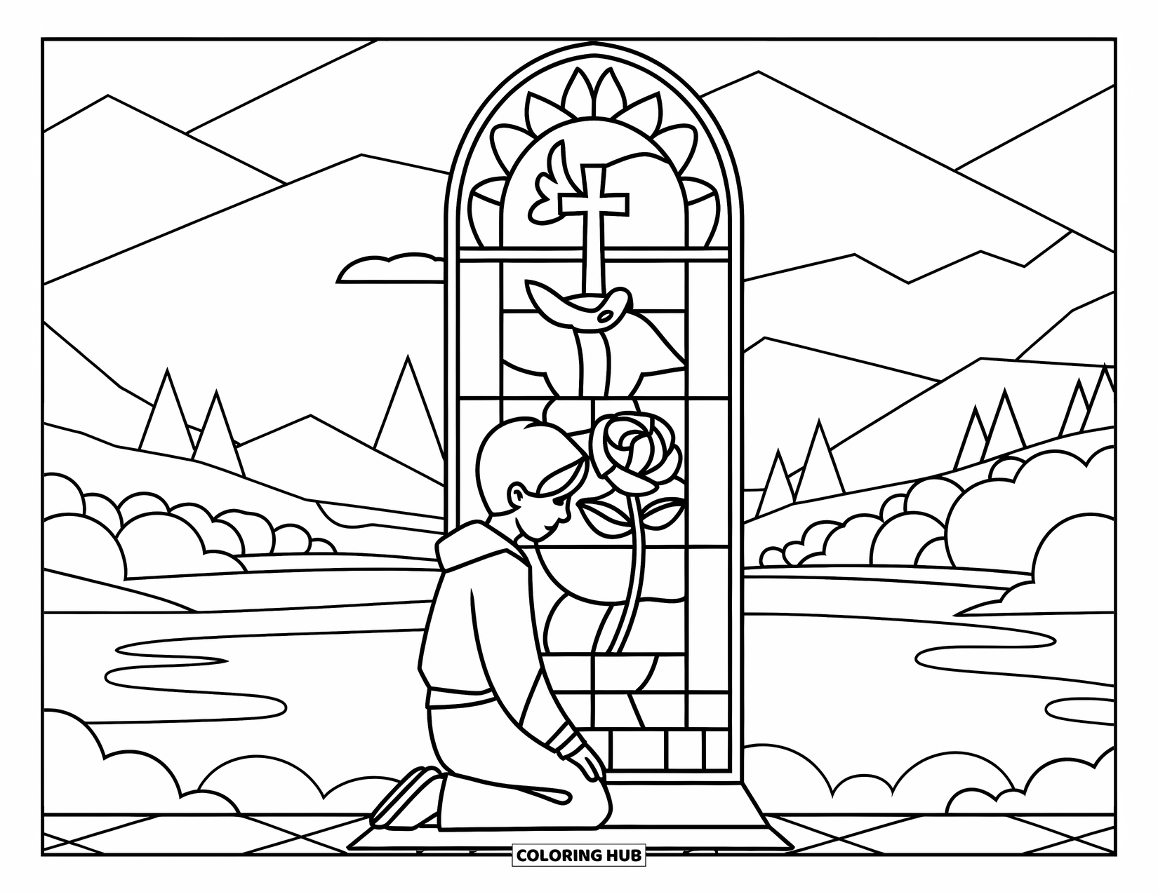 Prayer Coloring Page for Kids: A young person prays near a stained-glass window with peaceful scenery
