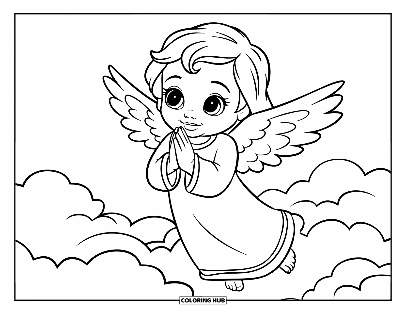 Prayer Coloring Page for Kids: An angel hovers above clouds with hands together in prayer