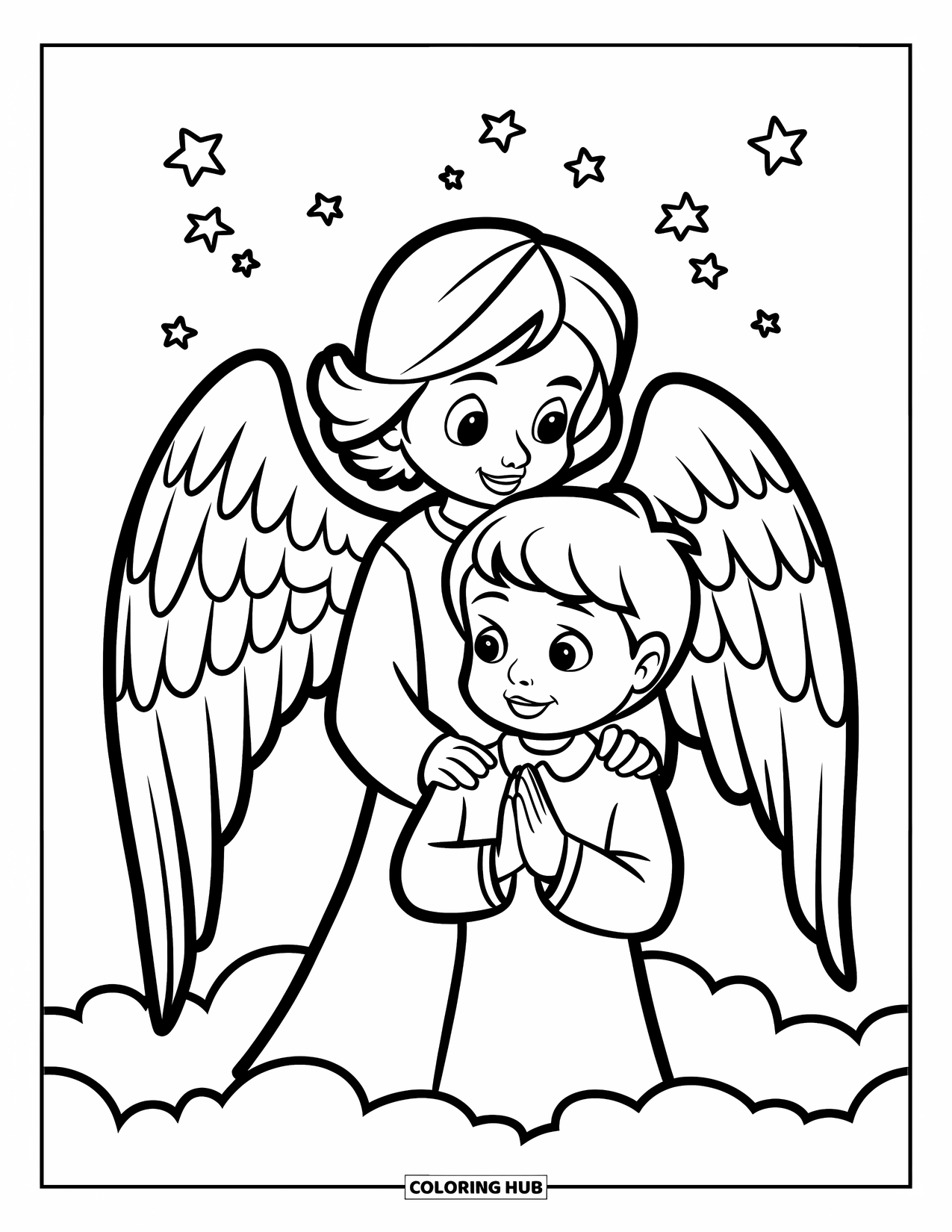 Prayer Coloring Page for Kids: An angel stands behind a child, guiding them in prayer on a cloud