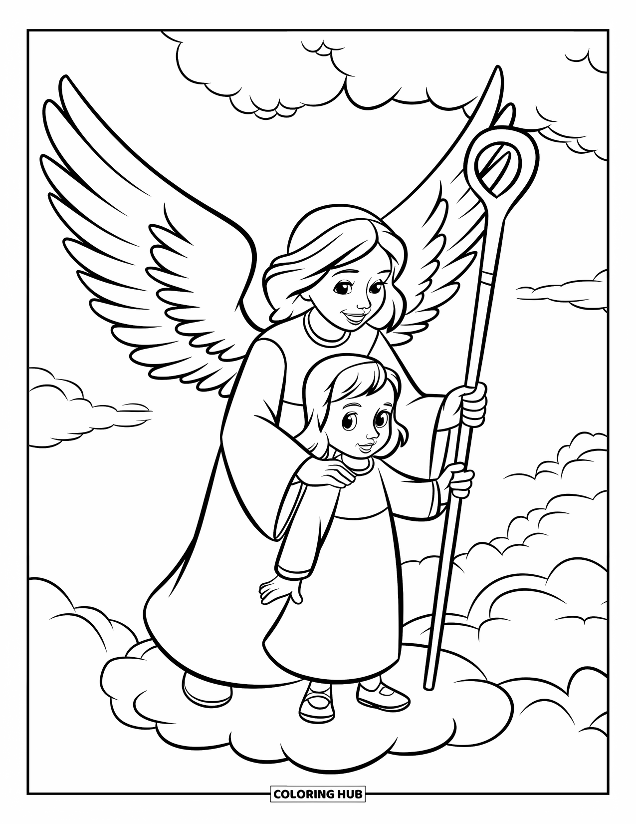 Prayer Coloring Page for Kids: An angel stands behind a child, holding a staff above the clouds