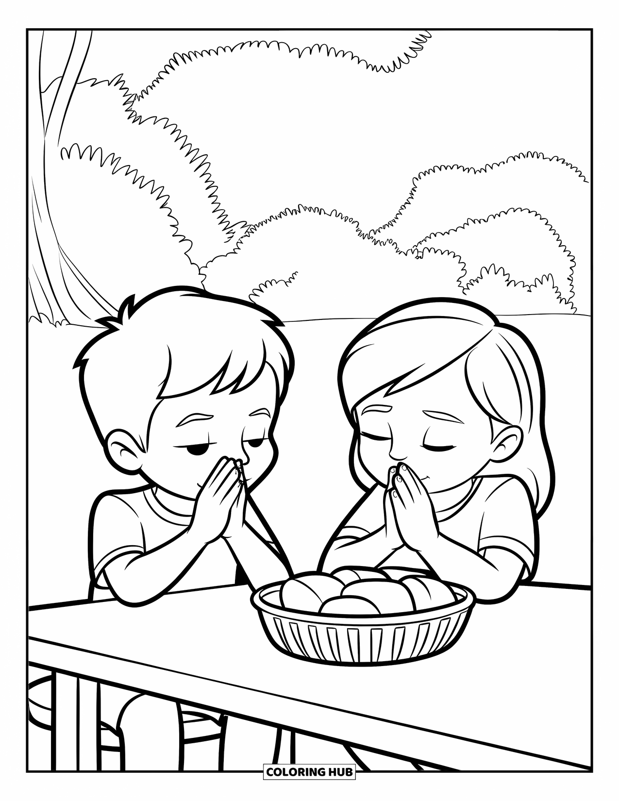 Prayer Coloring Page for Kids: Two kids pray before their picnic meal under the trees