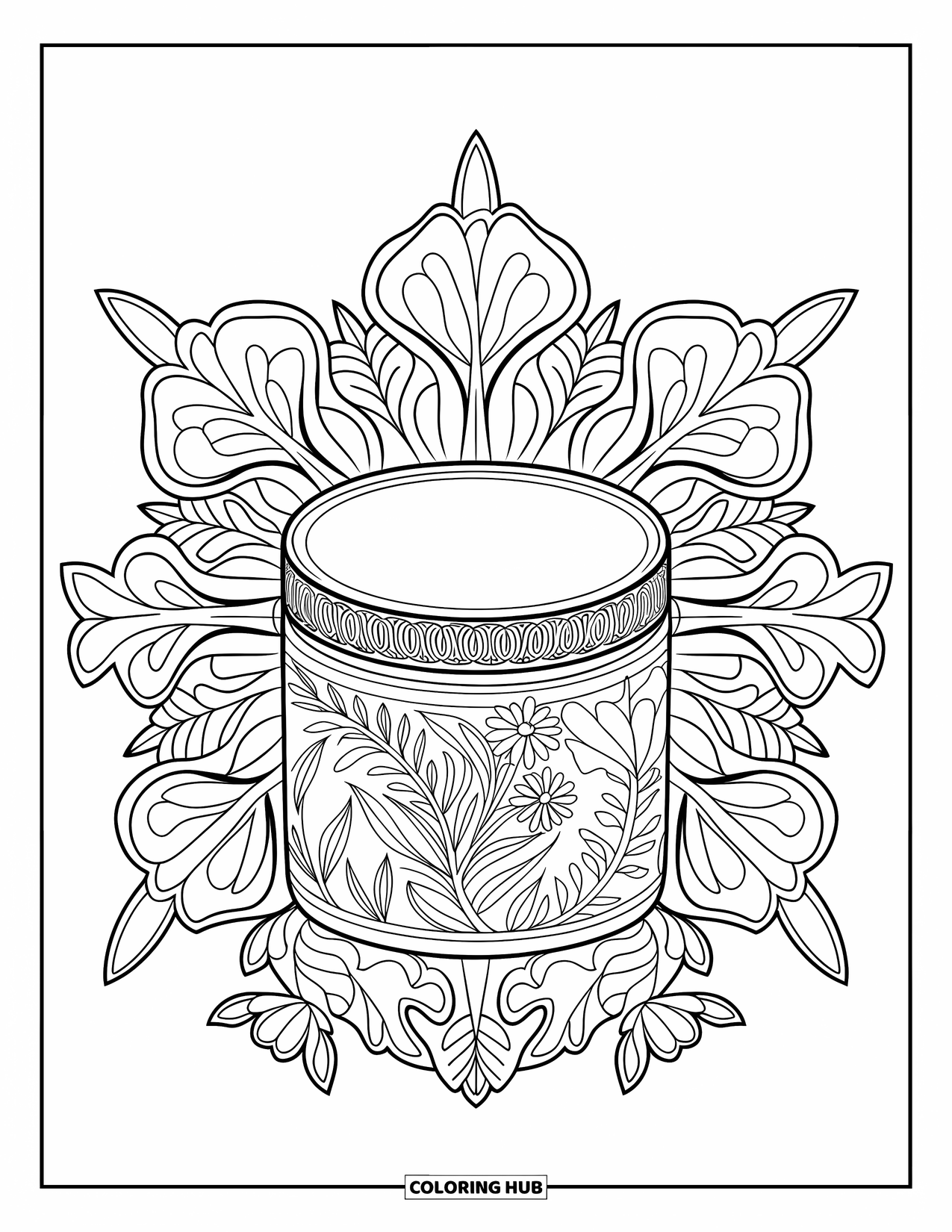 Preppy Skincare Coloring Page for Adults: A detailed moisturizer jar within a floral mandala frame