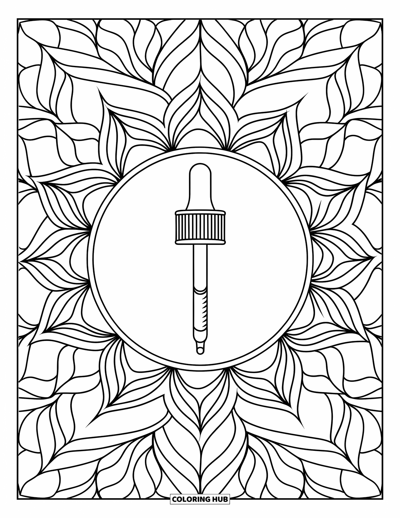Preppy Skincare Coloring Page for Adults: A dropper bottle encircled by a fine leafy mandala