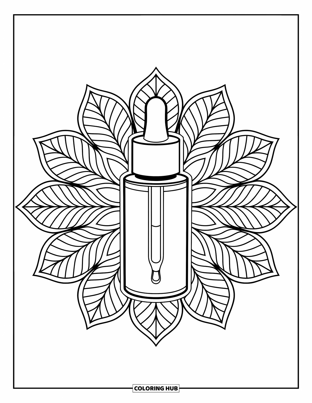 Preppy Skincare Coloring Page for Adults: A dropper bottle surrounded by an intricate leaf mandala