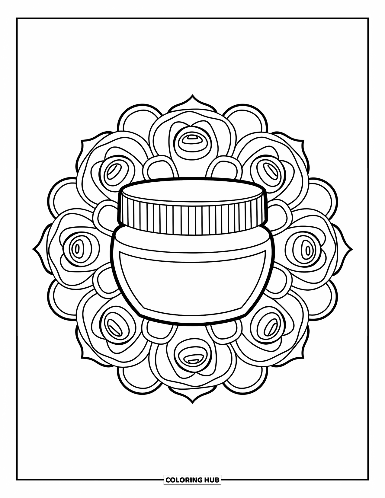 Preppy Skincare Coloring Page for Adults: A face mask jar centered in a blooming rose mandala