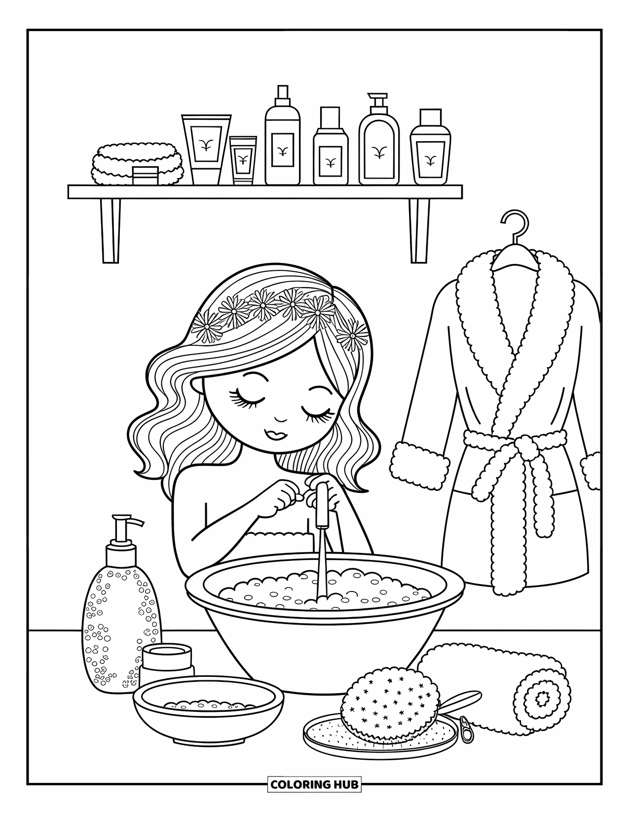 Preppy Skincare Coloring Page for Adults: A kawaii girl with a floral headband preparing for a spa day at her sink