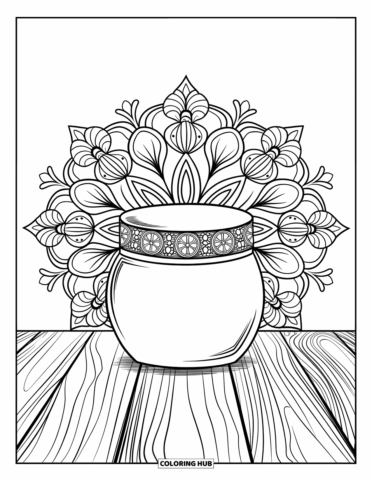 Preppy Skincare Coloring Page for Adults: A moisturizer jar centered in a blooming botanical mandala