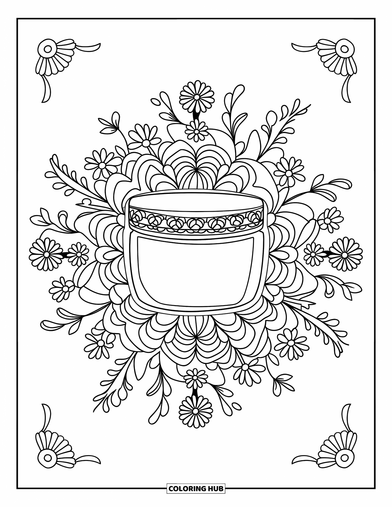 Preppy Skincare Coloring Page for Adults: A moisturizer jar surrounded by blooming botanical patterns