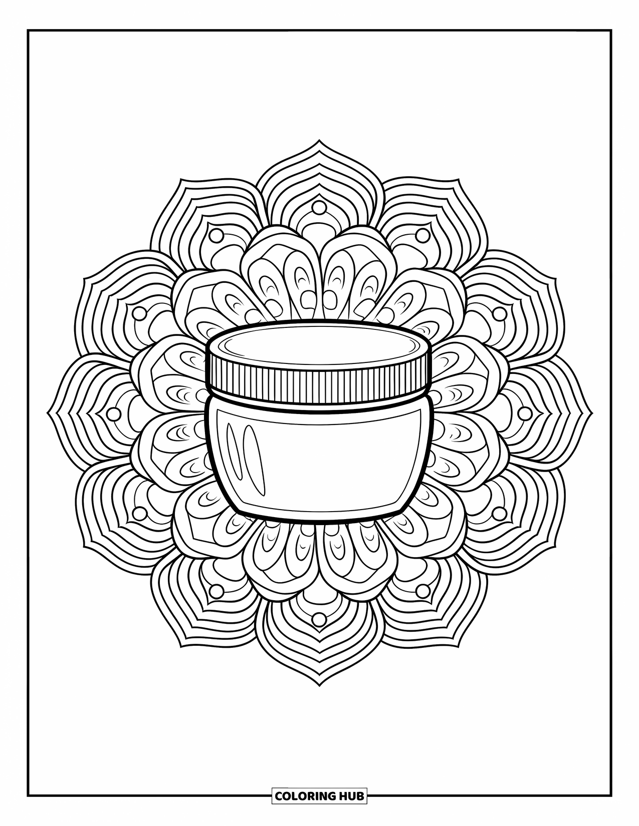 Preppy Skincare Coloring Page for Adults: A preppy face mask jar surrounded by rose petals and vines