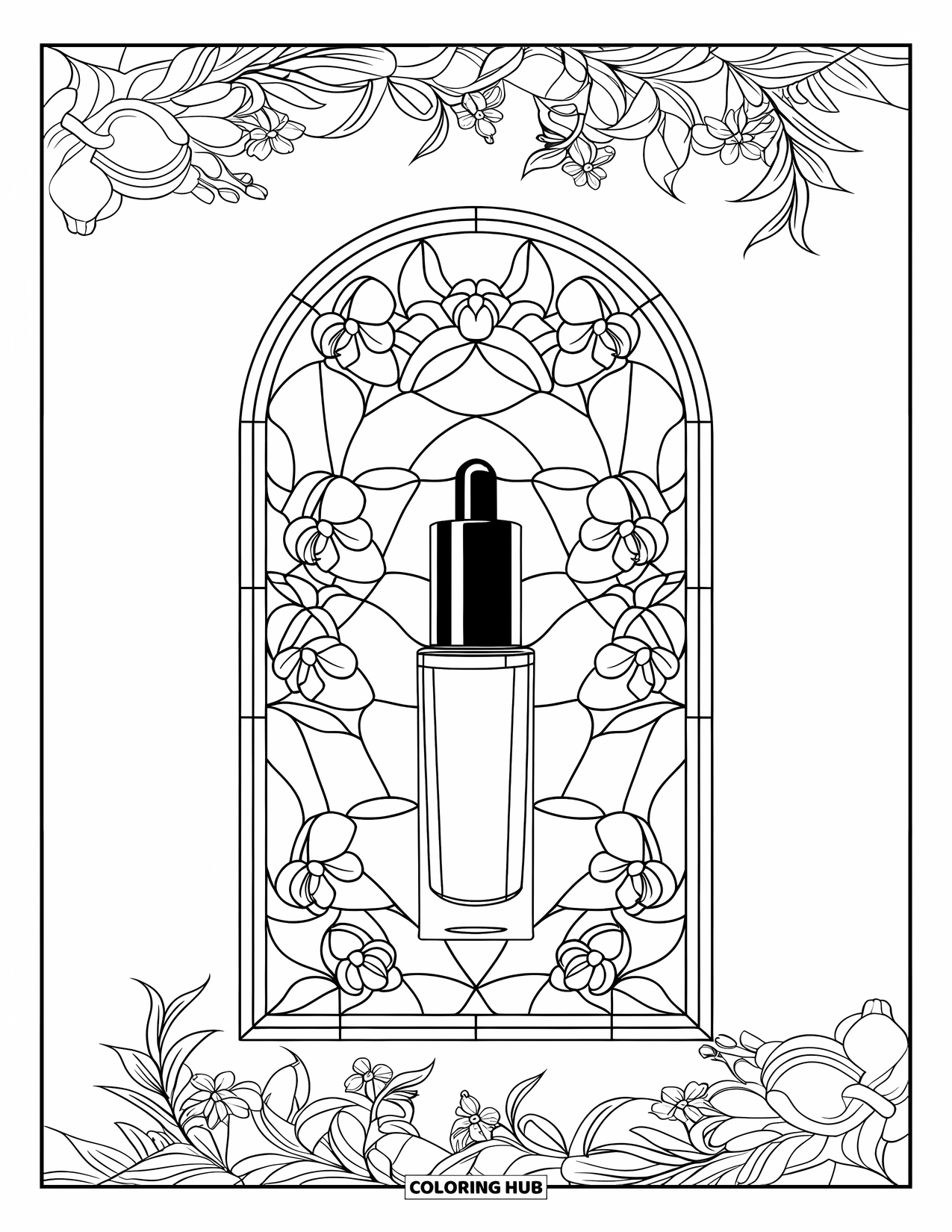 Preppy Skincare Coloring Page for Adults: A serum bottle framed by orchids and floral stained glass