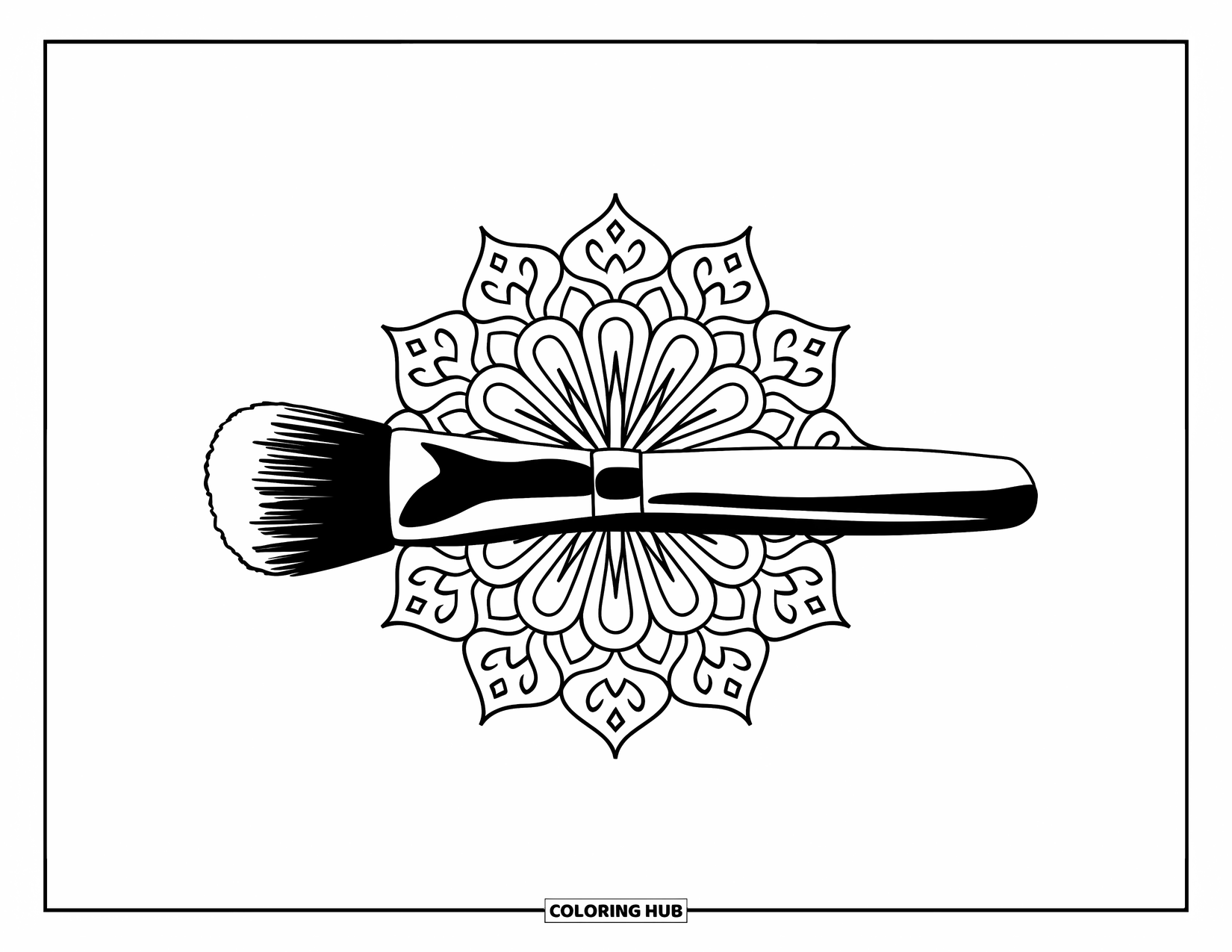Preppy Skincare Coloring Page for Adults: A skincare brush framed by a fine floral mandala pattern
