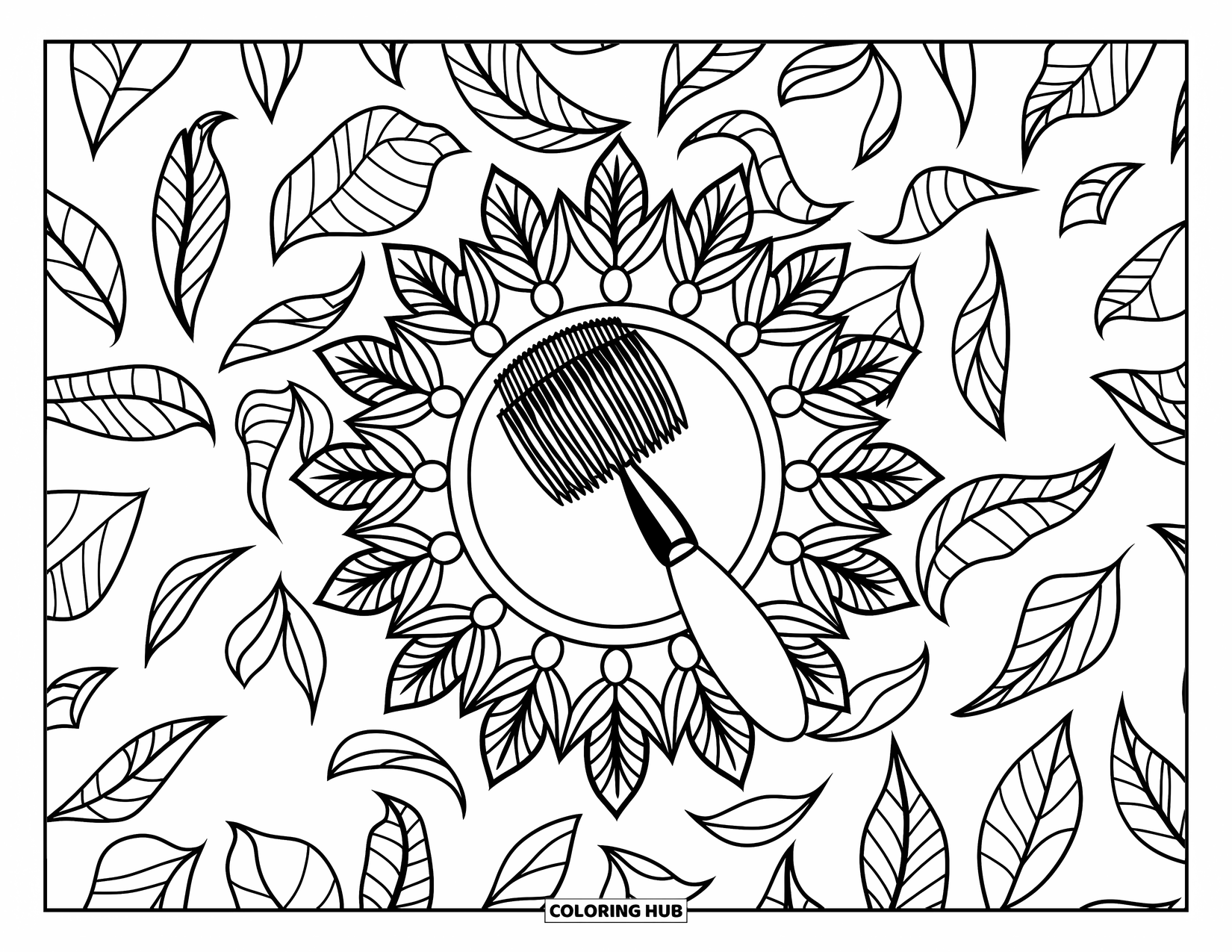 Preppy Skincare Coloring Page for Adults: A skincare brush surrounded by elegant leaves and branch designs