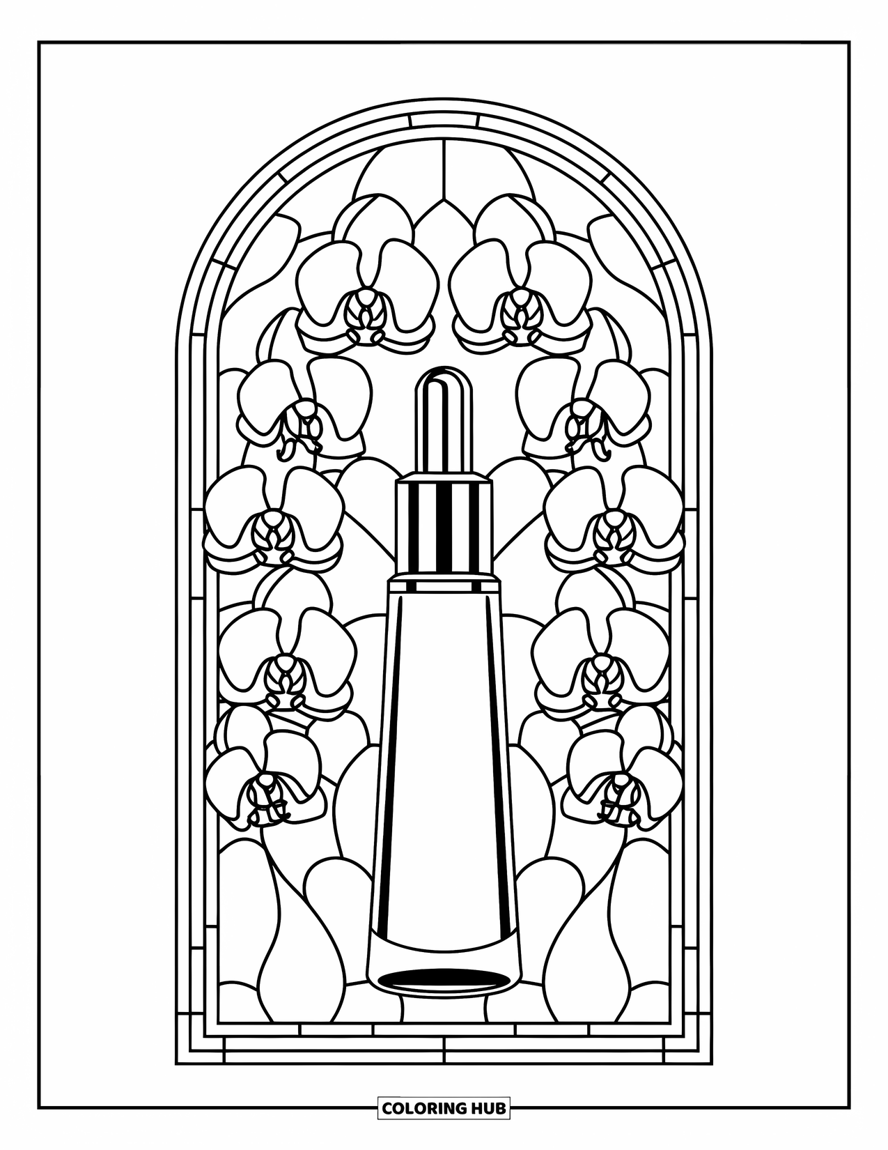 Preppy Skincare Coloring Page for Adults: A tall serum bottle enclosed in an orchid-styled stained glass arch