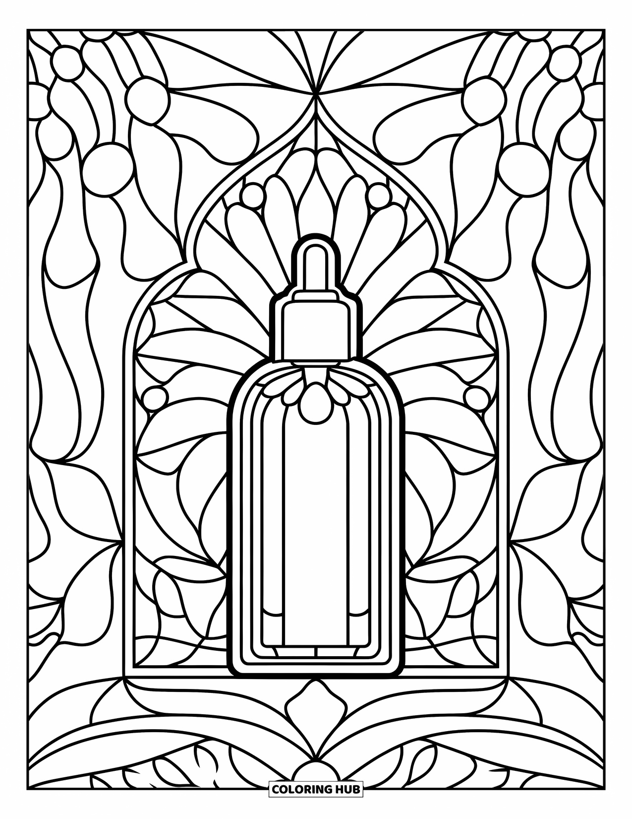 Preppy Skincare Coloring Page for Adults: A toner bottle framed by delicate stained glass petals