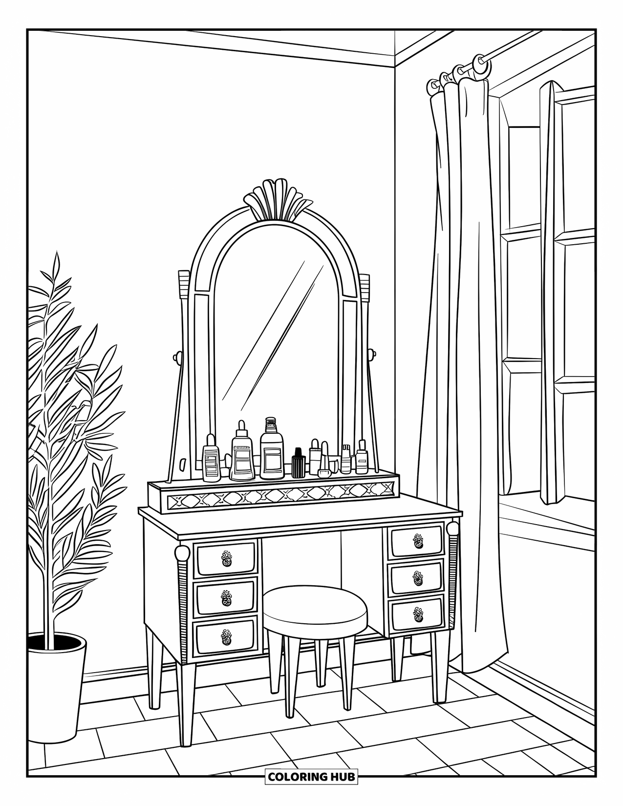 Preppy Skincare Coloring Page for Kids: A charming vanity with a mirror, plant, and organized skincare