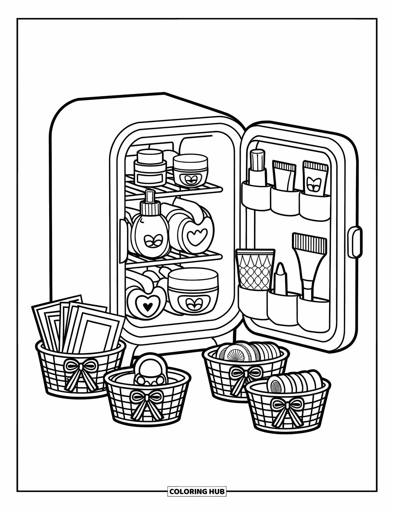 Preppy Skincare Coloring Page for Kids: A cute skincare fridge with masks, creams, and baskets of soft headbands