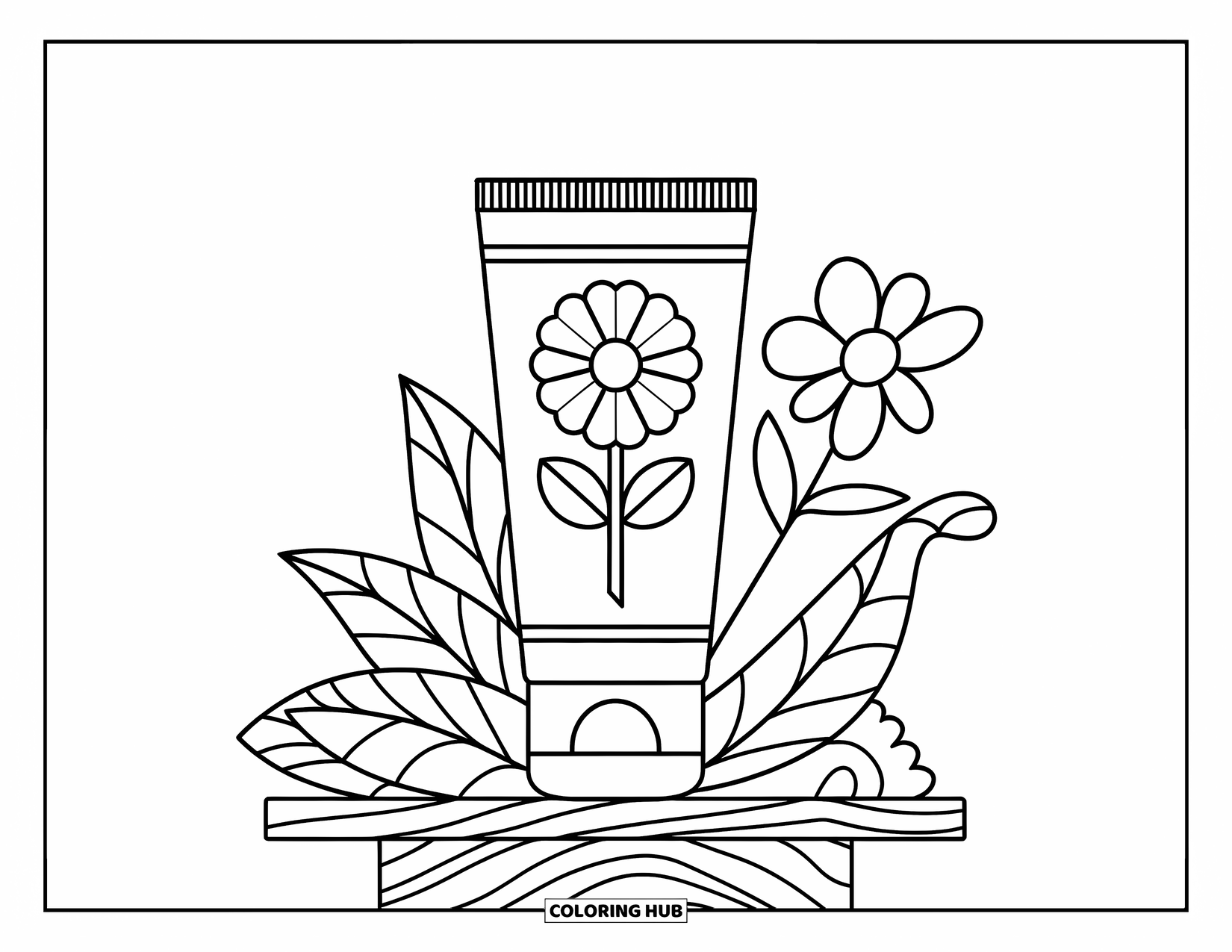 Preppy Skincare Coloring Page for Kids: A floral skincare tube resting on a wooden shelf