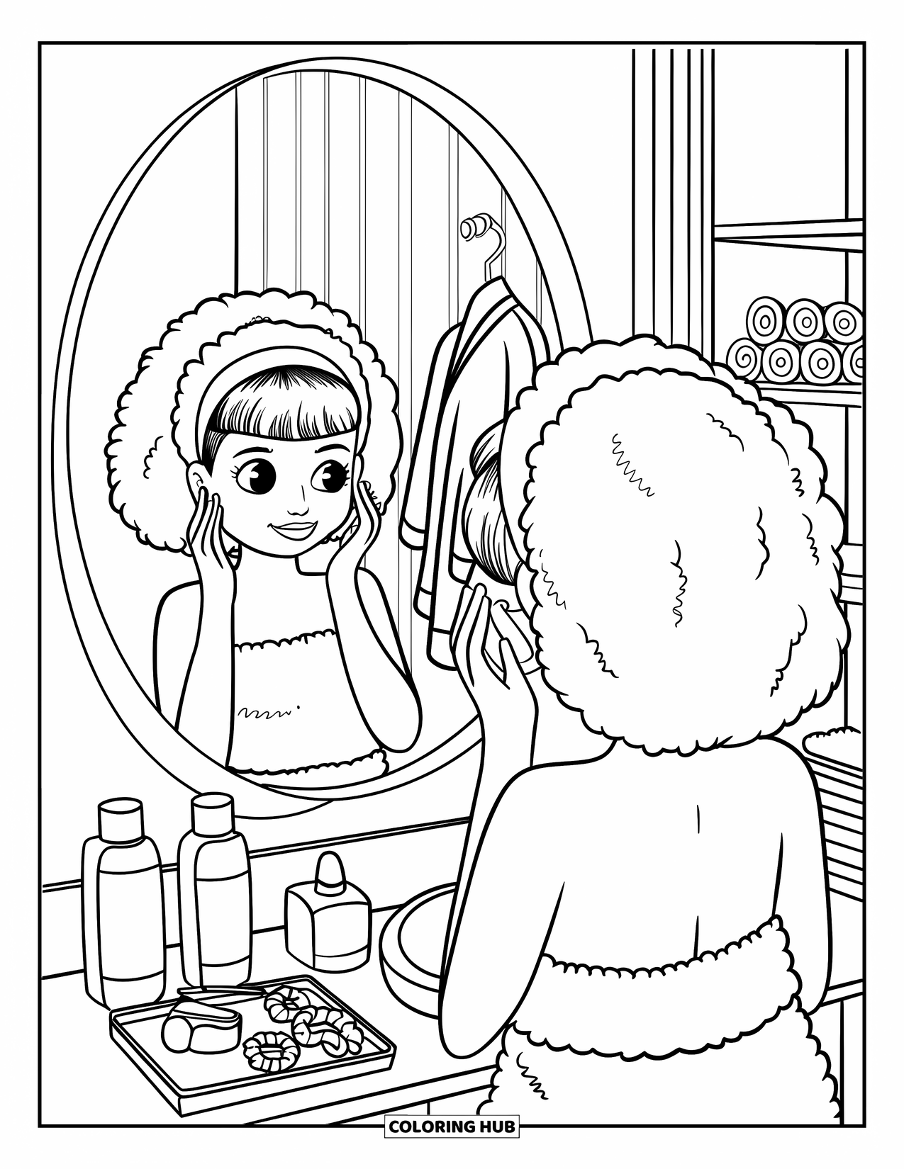 Preppy Skincare Coloring Page for Kids: A girl applies toner in front of her mirror with her hair wrapped in a towel