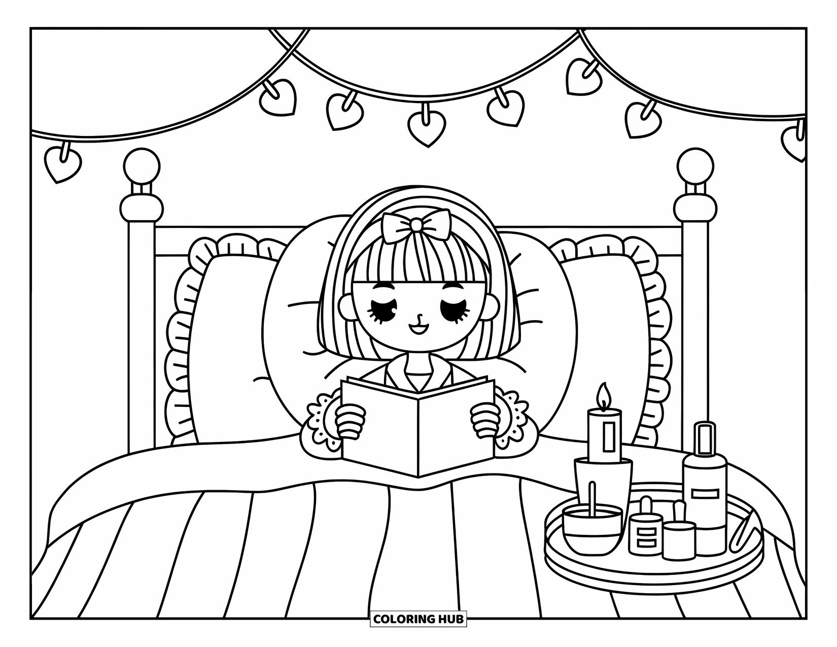 Preppy Skincare Coloring Page for Kids: A girl in bed wears a mask and reads about skincare under fairy lights
