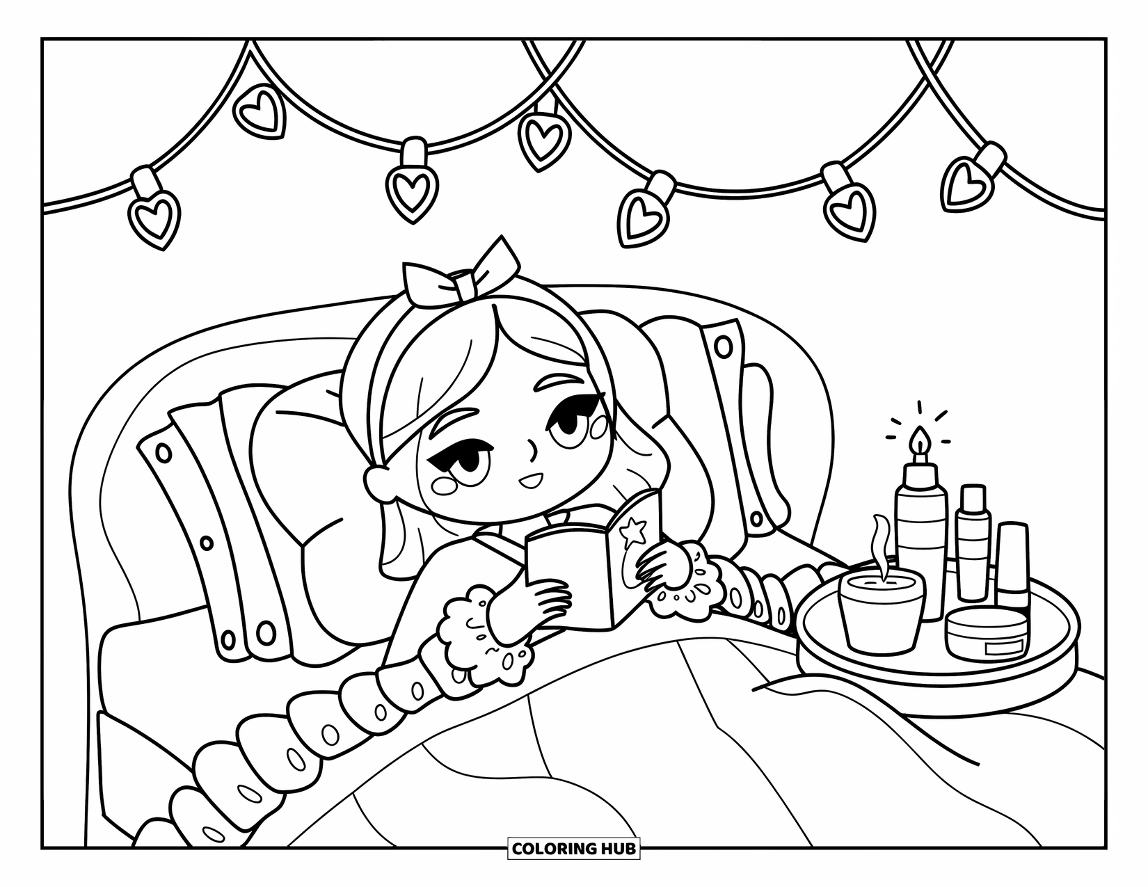 Preppy Skincare Coloring Page for Kids: A girl with a face mask lounges in bed surrounded by candles and skincare