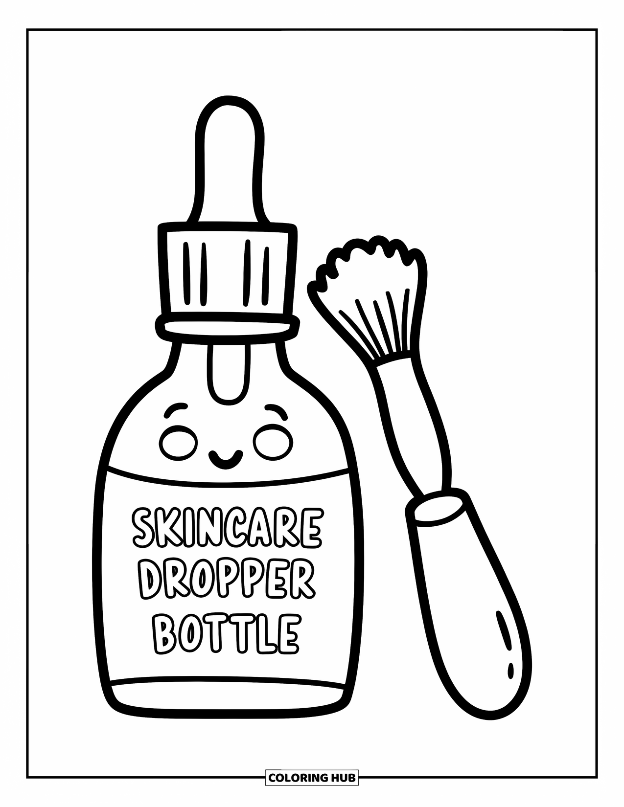 Preppy Skincare Coloring Page for Kids: A happy dropper bottle and brush duo drawn in cute outlines