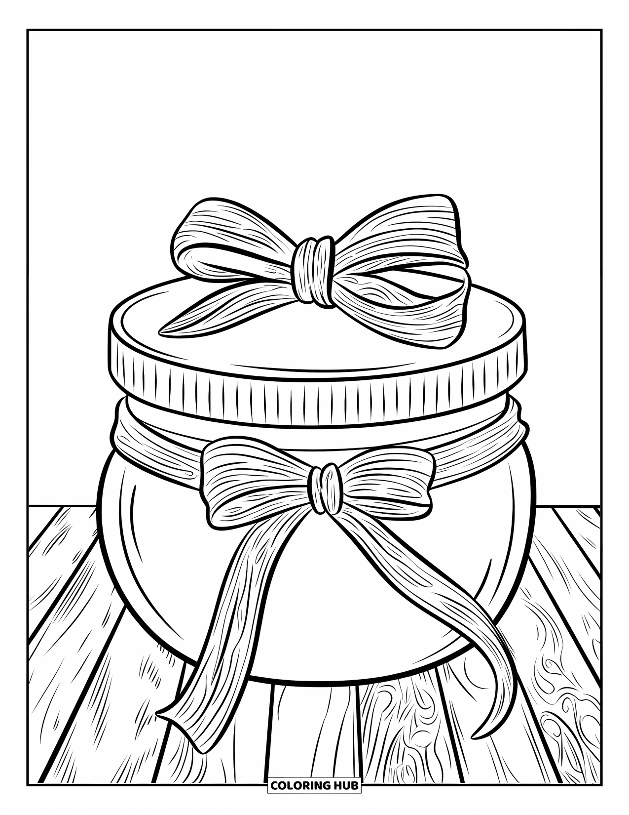 Preppy Skincare Coloring Page for Kids: A moisturizer jar with a big lid, ribbon, and lovely bow