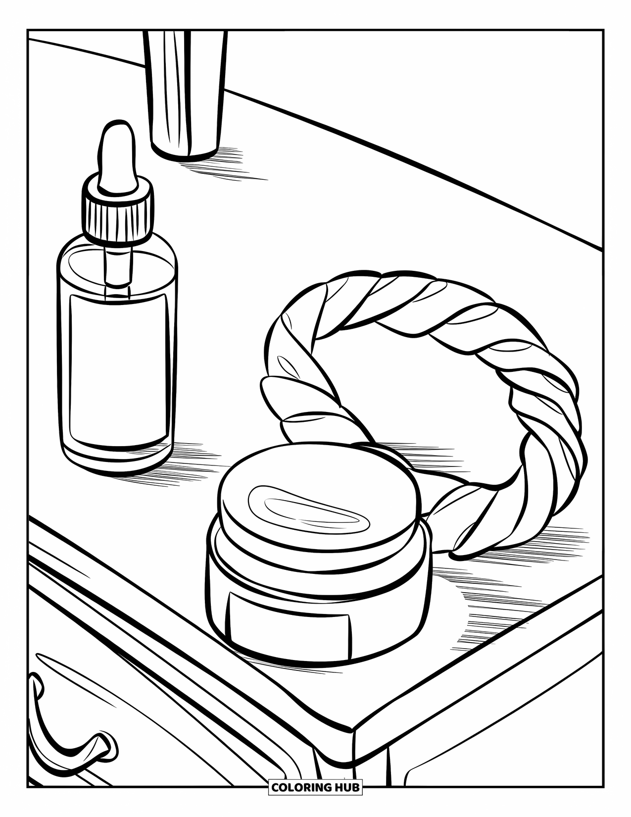 Preppy Skincare Coloring Page for Kids: A nightstand with skincare bottles, cream, and a folded headband