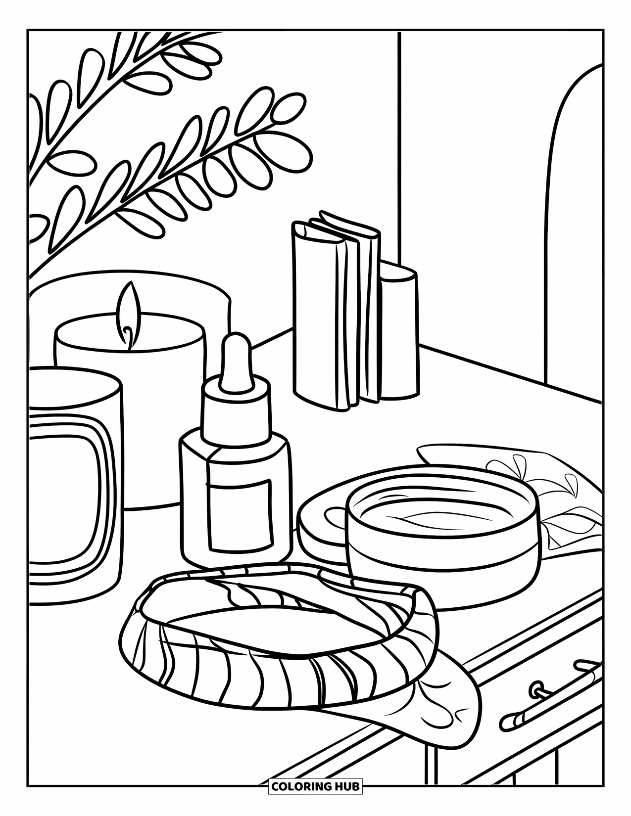 Preppy Skincare Coloring Page for Kids: A nightstand with skincare, plants, and pretty nighttime vibes