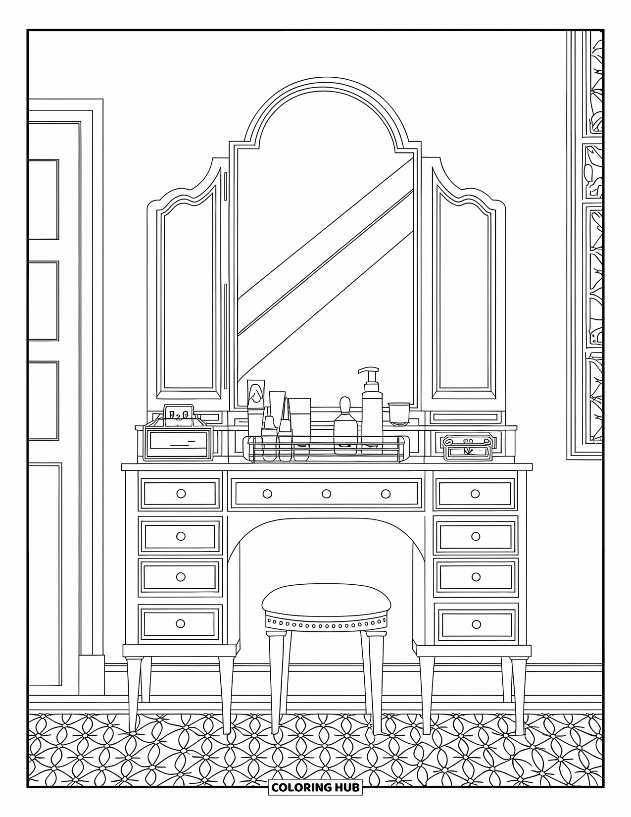 Preppy Skincare Coloring Page for Kids: A preppy vanity setup with a mirror, lamp, and cute skincare bottles