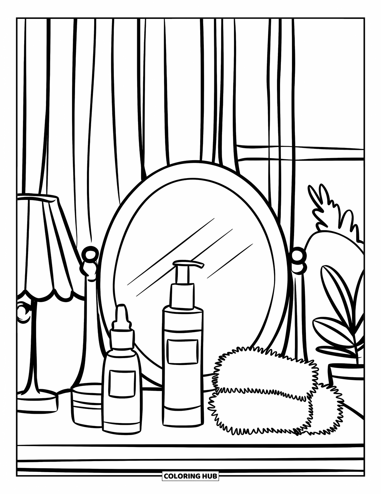 Preppy Skincare Coloring Page for Kids: A preppy vanity setup with towels, bottles, and cozy lighting