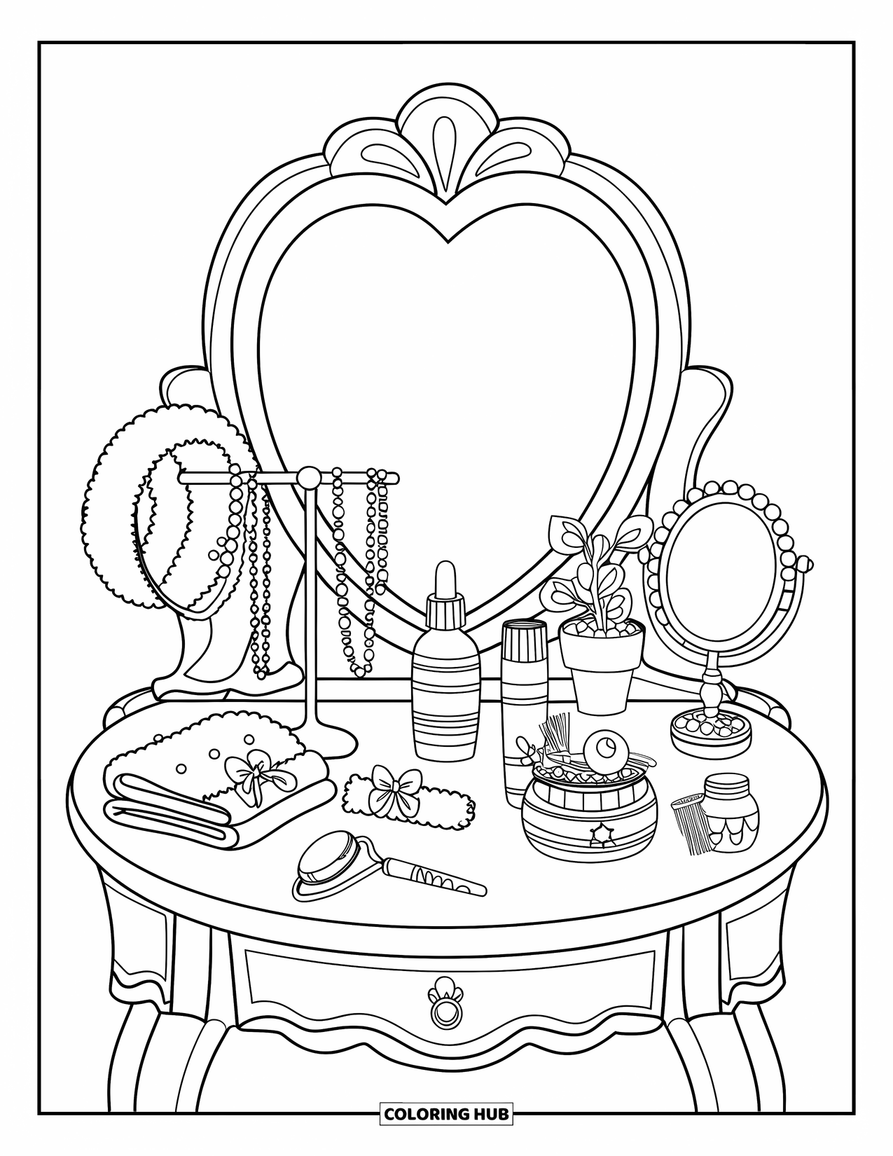 Preppy Skincare Coloring Page for Kids: A preppy vanity with cute jars, towels, and a heart-shaped mirror