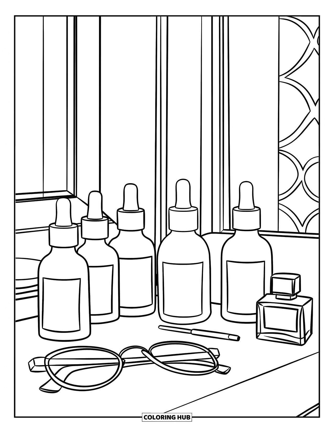 Preppy Skincare Coloring Page for Kids: A pretty counter scene with skincare bottles and a potted plant