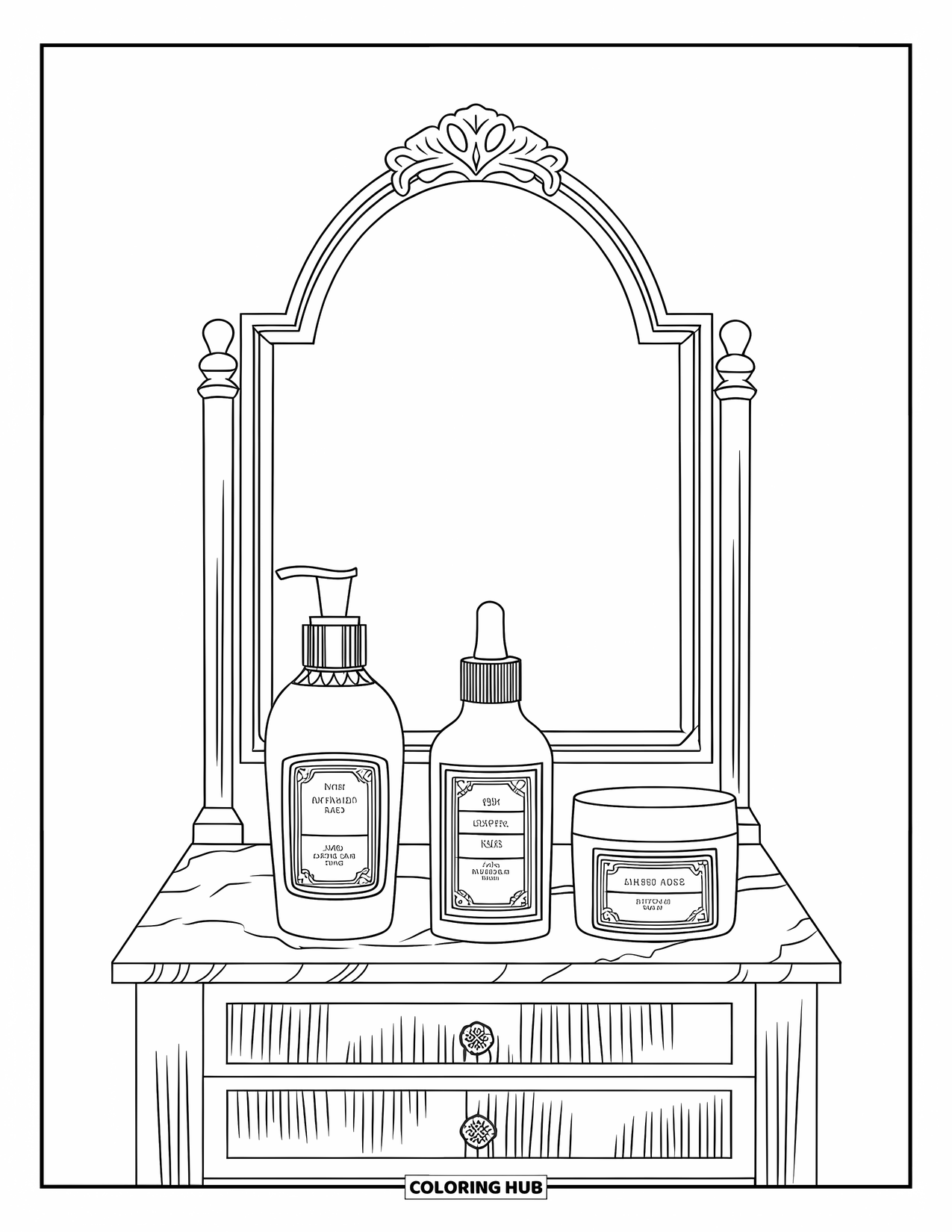 Preppy Skincare Coloring Page for Kids: A pretty vanity table decorated with bottles and soft details