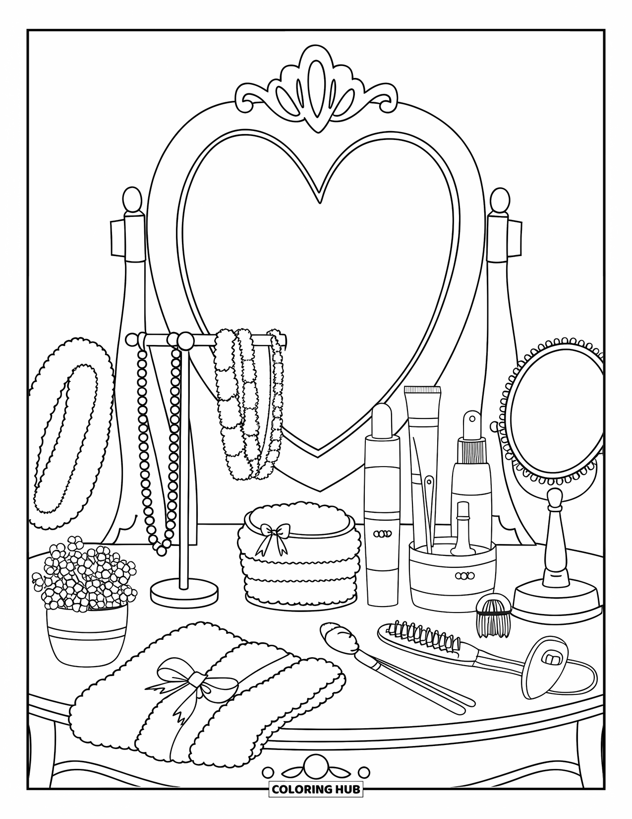 Preppy Skincare Coloring Page for Kids: A pretty vanity table filled with skincare tools, bows, and heart mirrors