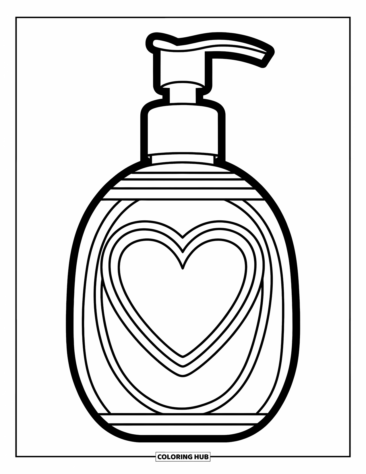 Preppy Skincare Coloring Page for Kids: A pump skincare bottle with a heart-shaped label and bold design