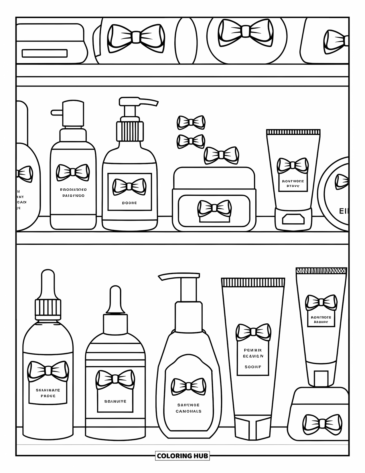 Preppy Skincare Coloring Page for Kids: A shelf of skincare bottles with bows and aesthetic preppy style