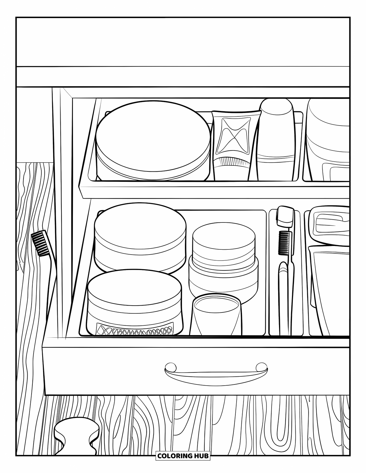 Preppy Skincare Coloring Page for Kids: A skincare drawer full of organized bottles and soft tools