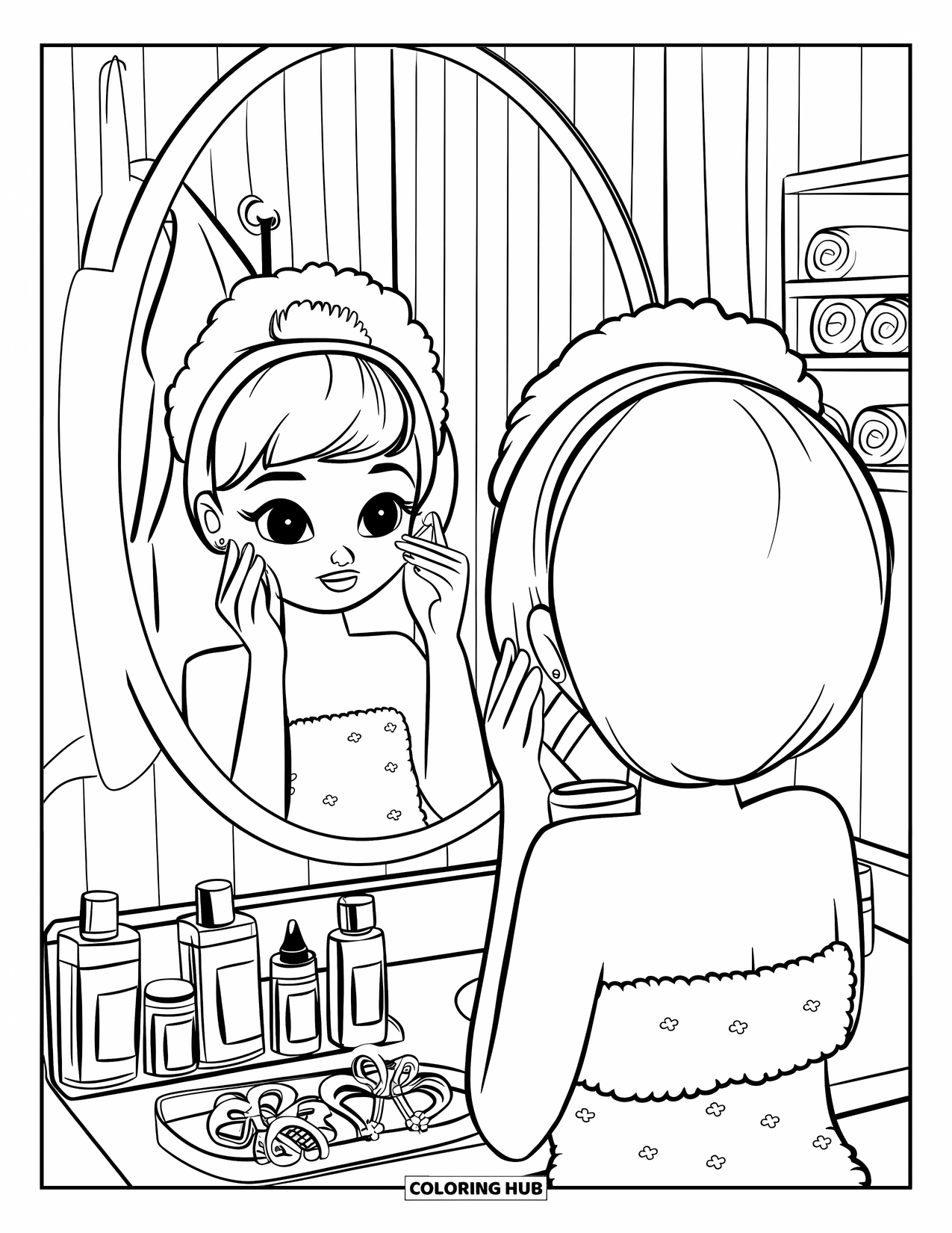 Preppy Skincare Coloring Page for Kids: A skincare routine scene with a girl applying toner at her bathroom counter