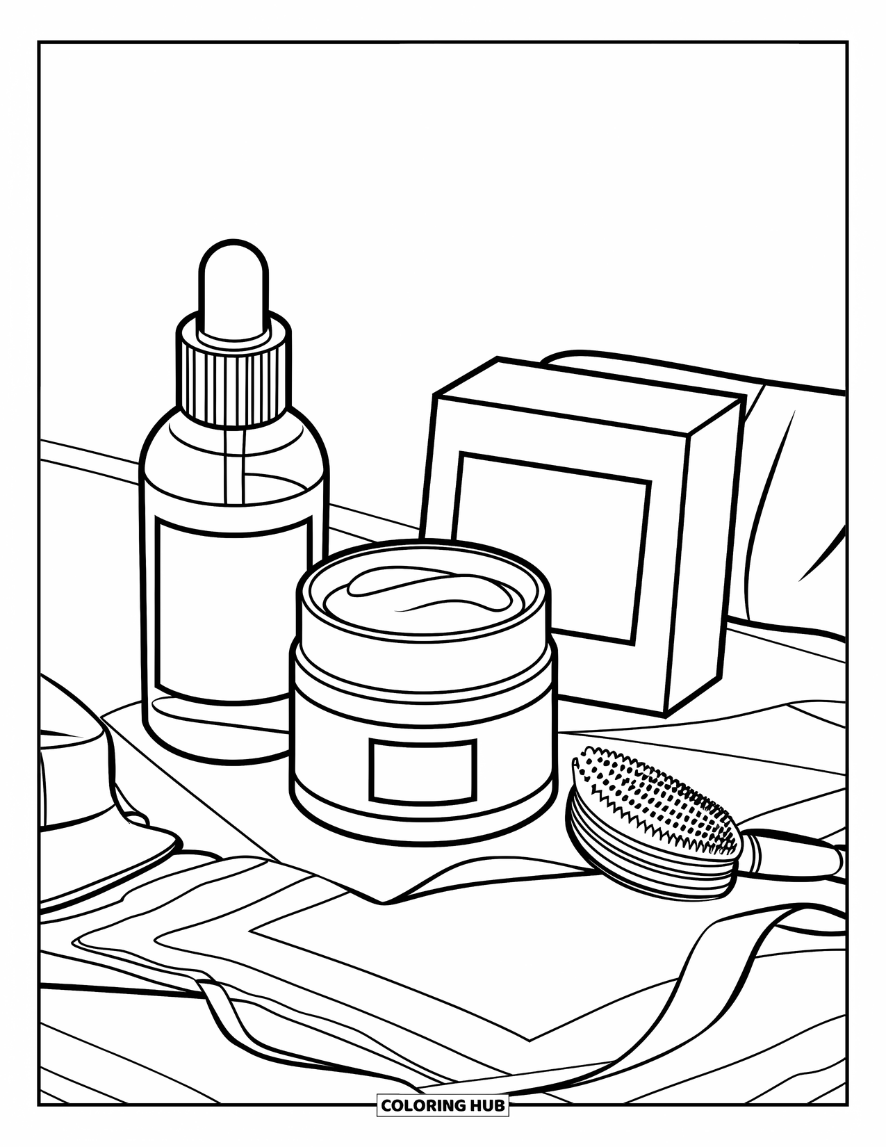 Preppy Skincare Coloring Page for Kids: A skincare routine with toner, cream, mask, and a small brush