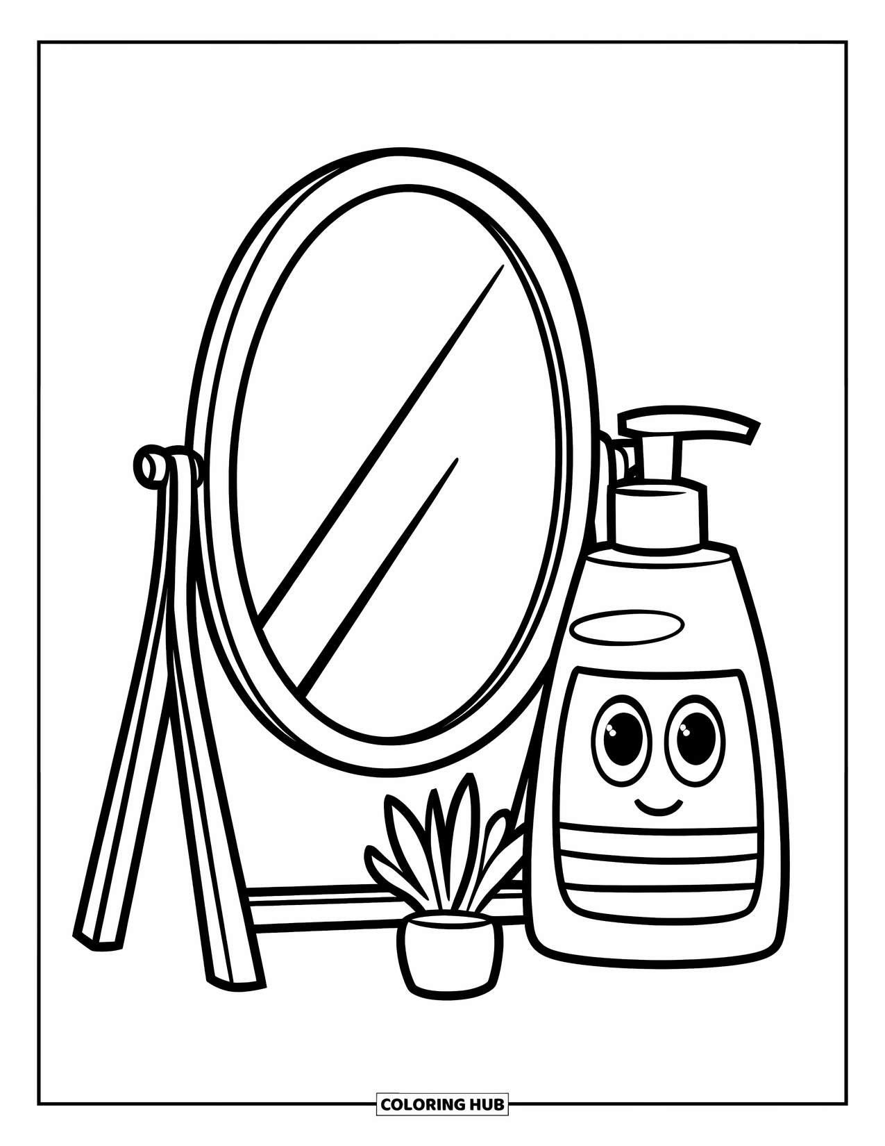 Preppy Skincare Coloring Page for Kids: A smiling cleanser bottle beside a mirror and plant pot