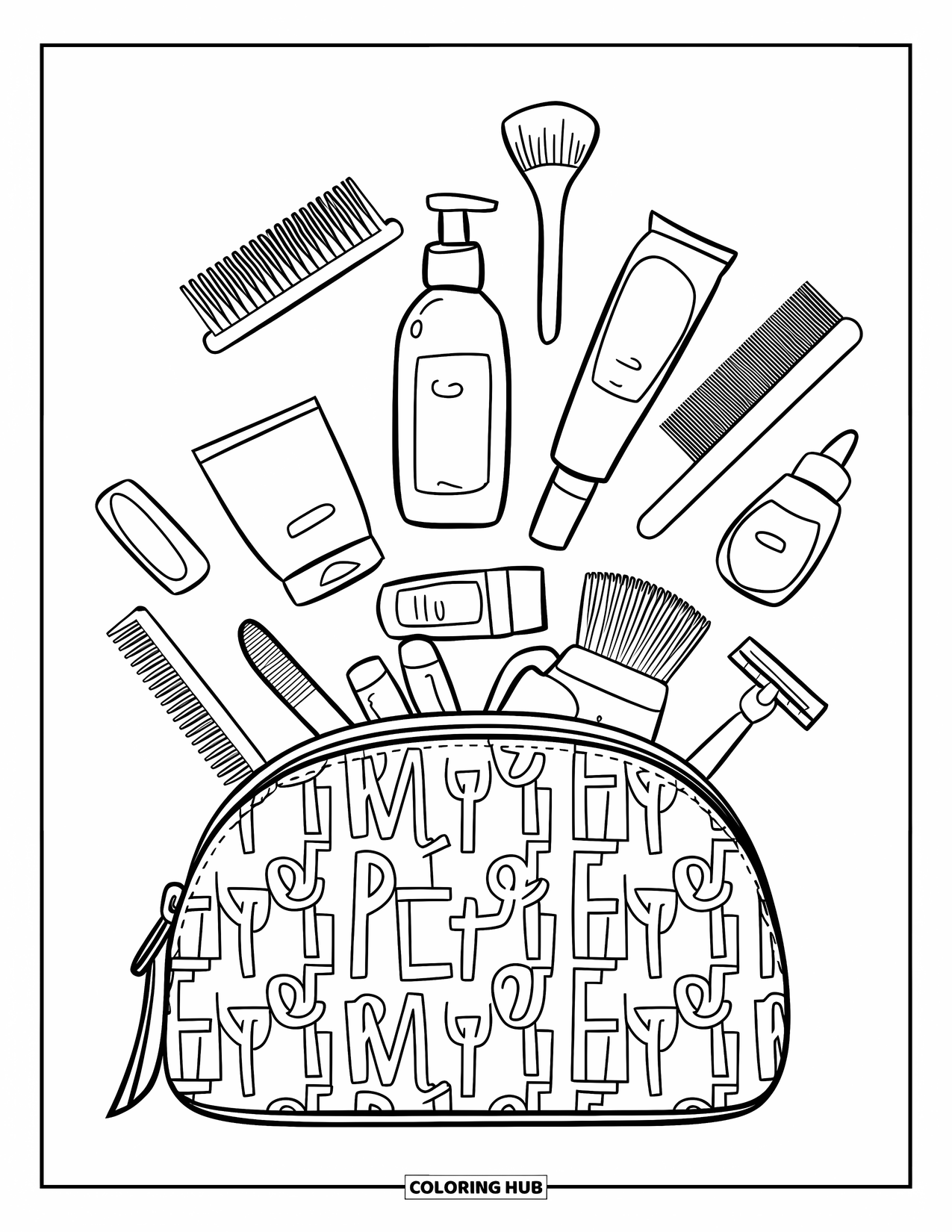 Preppy Skincare Coloring Page for Kids: A stylish toiletry bag spills skincare items and travel essentials