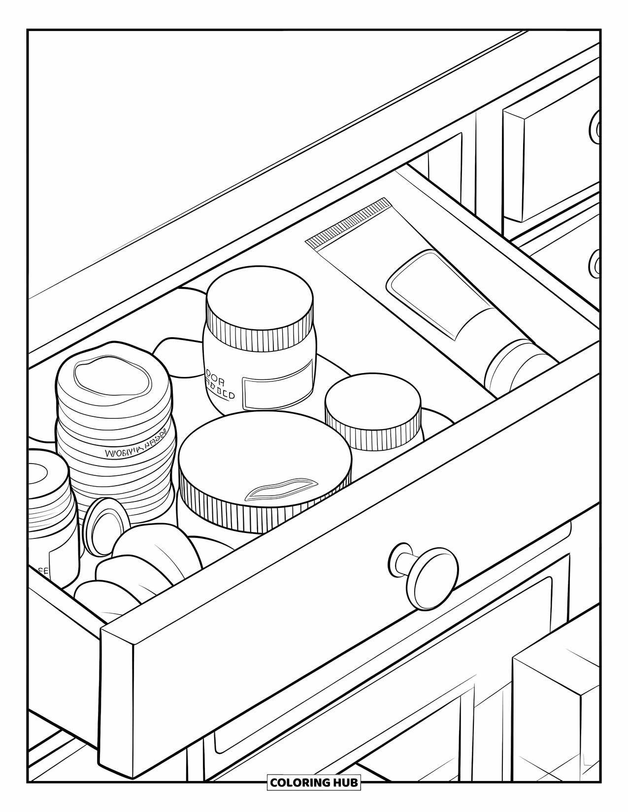 Preppy Skincare Coloring Page for Kids: A top view of a skincare drawer with jars and cotton pads
