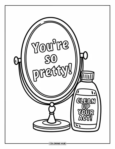 Målarbild med preppy hudvård för barn: En sminkspegel med texten "You're so pretty!" bredvid en rolig rengöringsflaska