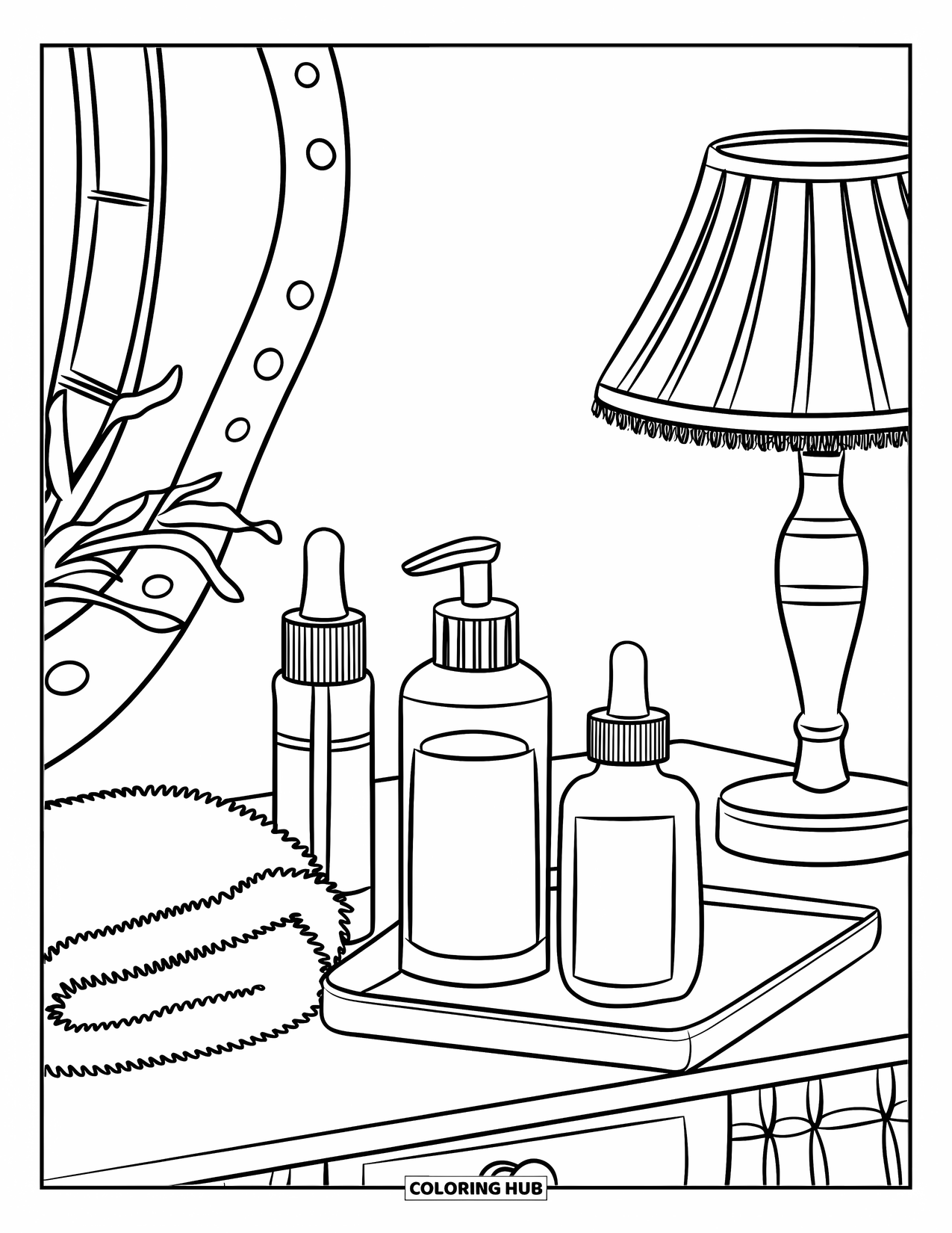 Preppy Skincare Coloring Page for Kids: A vanity table with skincare bottles, a fluffy towel, and a lamp