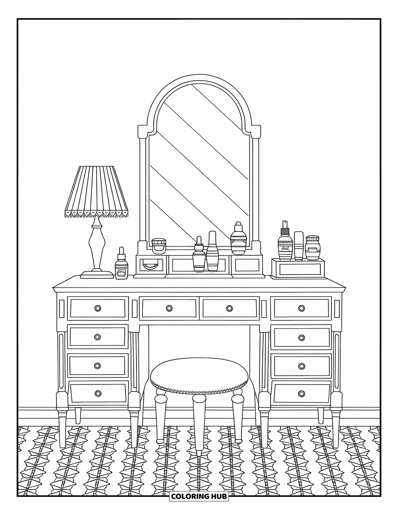 Preppy Skincare Coloring Page for Kids: A vanity with an arched mirror and bottles arranged neatly on top