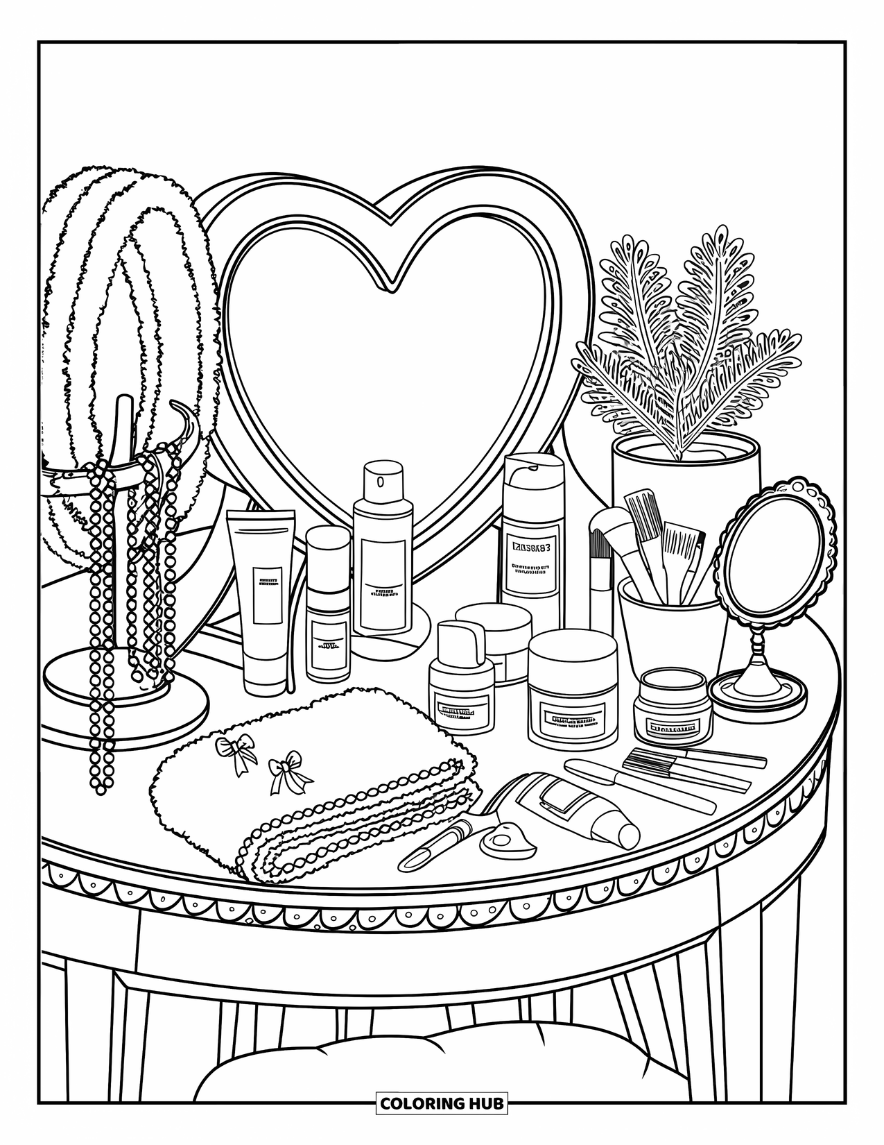 Preppy Skincare Coloring Page for Kids: An elegant vanity with skincare bottles, soft towels, and delicate decor